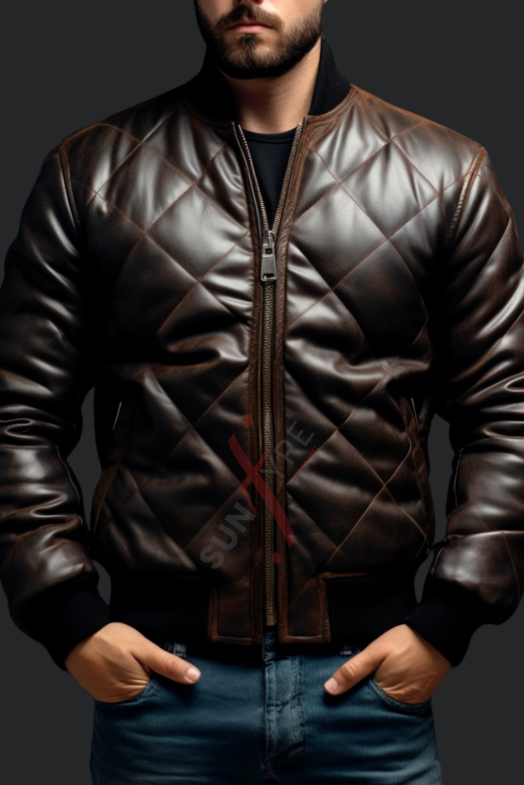 Real Sheepskin Quilted Dark Brown Bomber Leather Jacket For Men