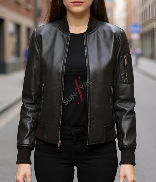 Black Bomber Leather Jacket For Women in Real Sheepskin (SF315)