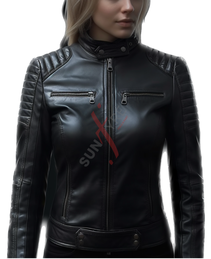 Sheepskin Quilted Cafe Racer Black Leather Jacket For Women