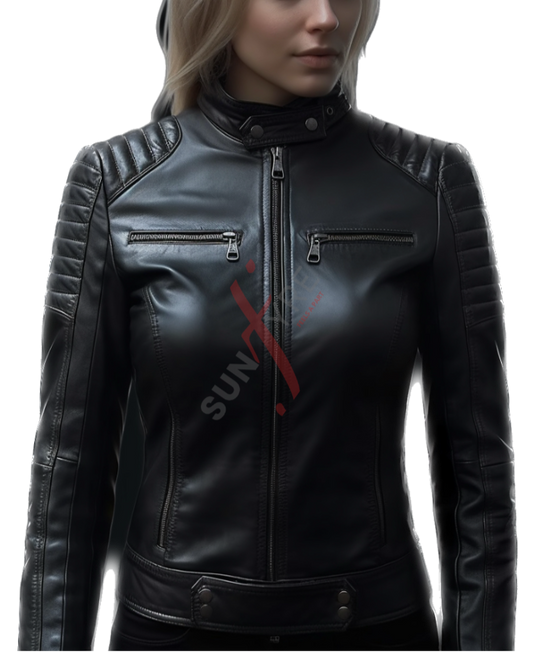 Sheepskin Quilted Cafe Racer Black Leather Jacket For Women