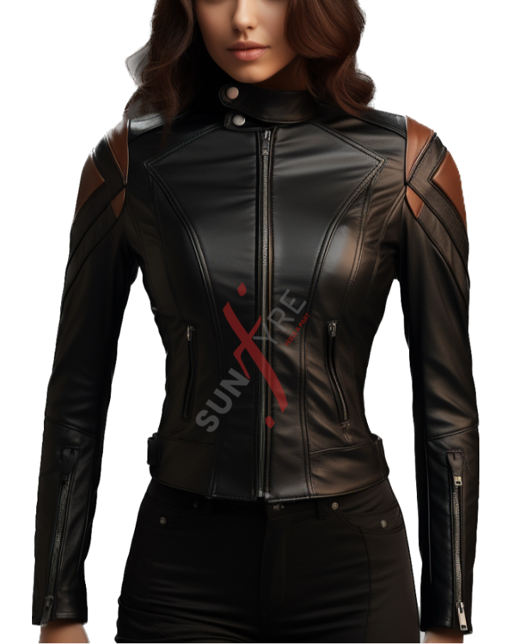 Black two tone leather jacket for women 