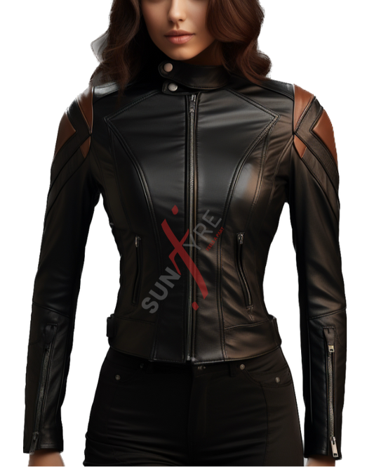 Black two tone leather jacket for women 