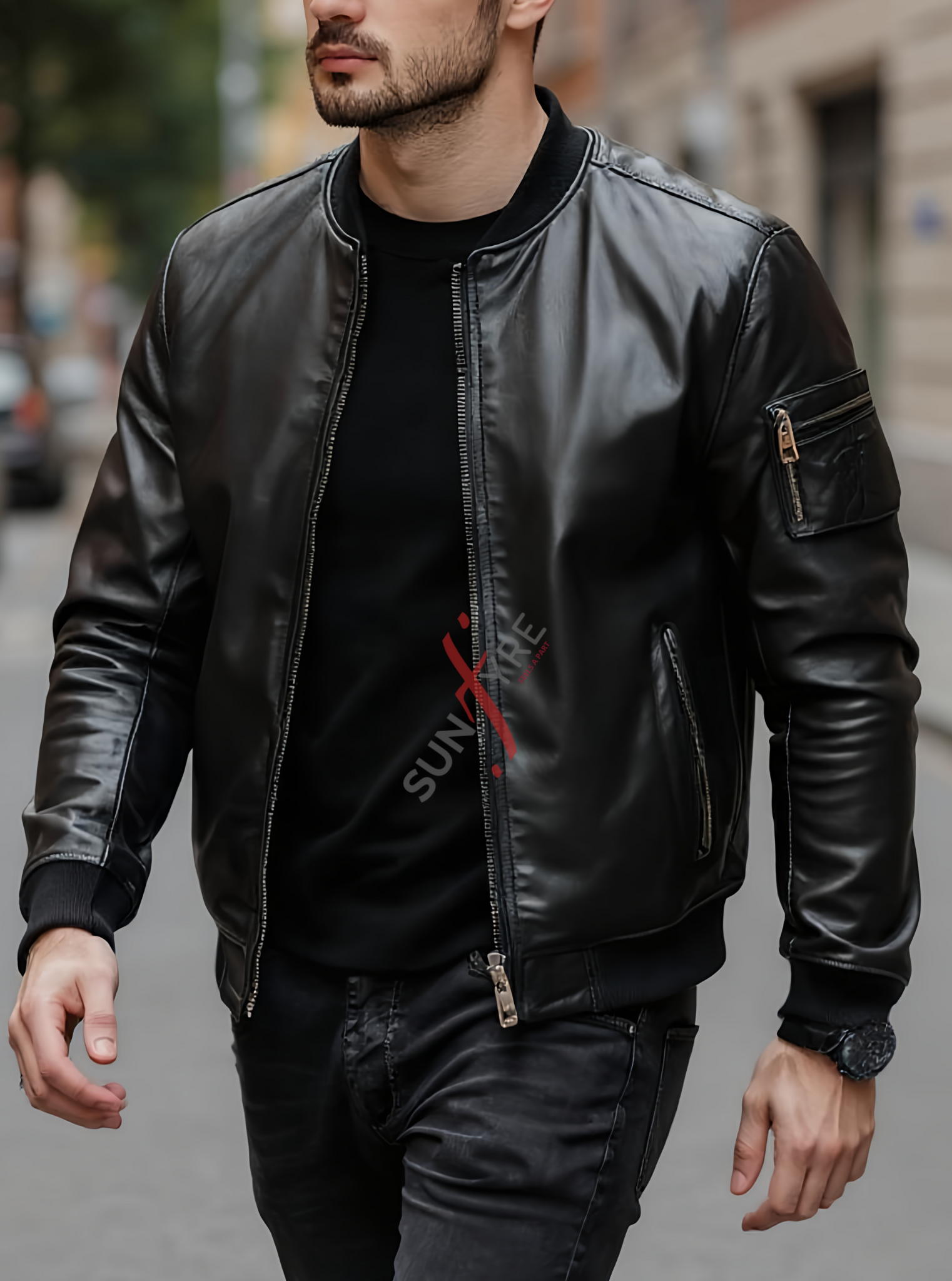 Black Bomber Leather Jacket For Men Lambskin (SF104)