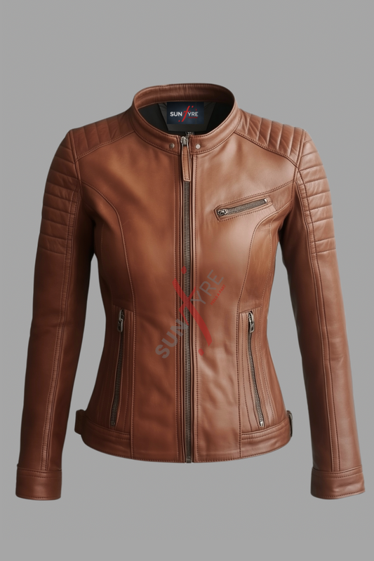 Austin Cafe Racer Sheepskin Tan Biker Leather Jacket For Women