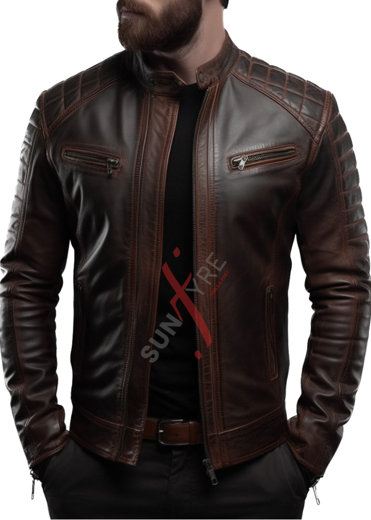 Original Sheepskin Dark Brown Quilted Rubbing Leather Jacket For Men