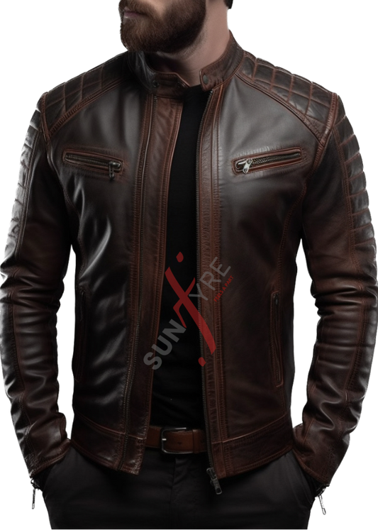 Original Sheepskin Dark Brown Quilted Rubbing Leather Jacket For Men