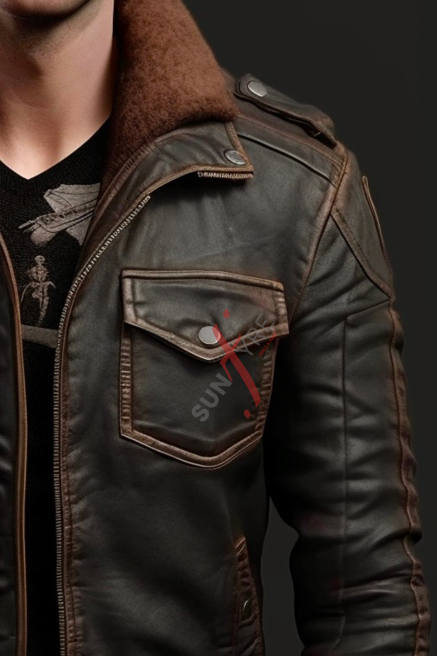 Dark Brown Bomber Leather Jacket For Men