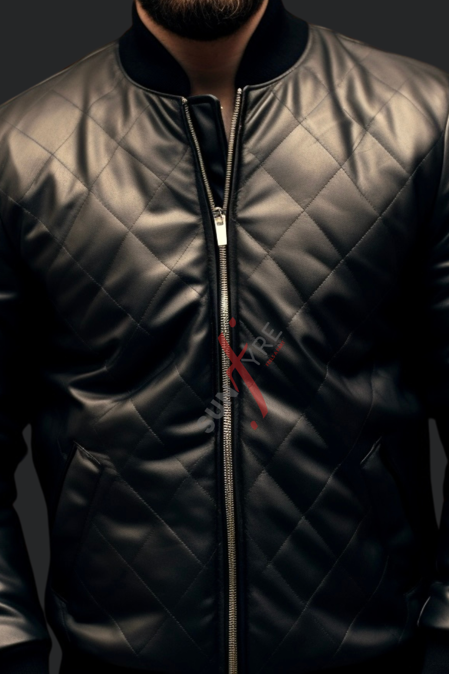  Black Quilted Bomber Leather Jacket For Men