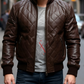 Quilted Brown Classic Bomber Leather Jacket For Men Real in Sheepskin (SF609)
