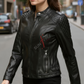 Black Cafe Racer Leather Jacket For Women in Real Sheepskin