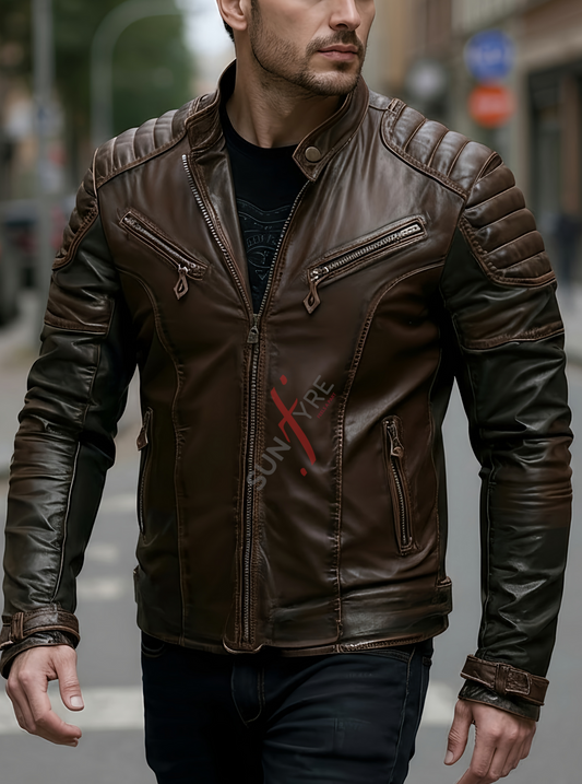 Rock Brown quilted Leather Jacket For Men (SF585)