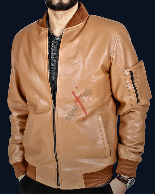 Original Lambskin Cognac Bomber Leather Jacket For Men (SF699)
