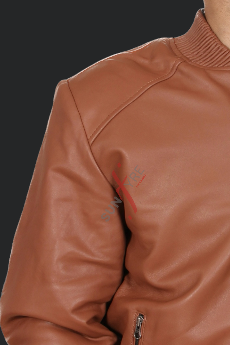  Cognac Bomber Leather Jacket For Men