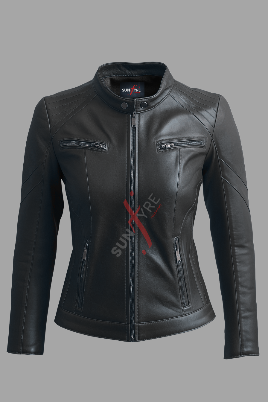 fe Racer Sheepskin Black Leather Jacket For Women