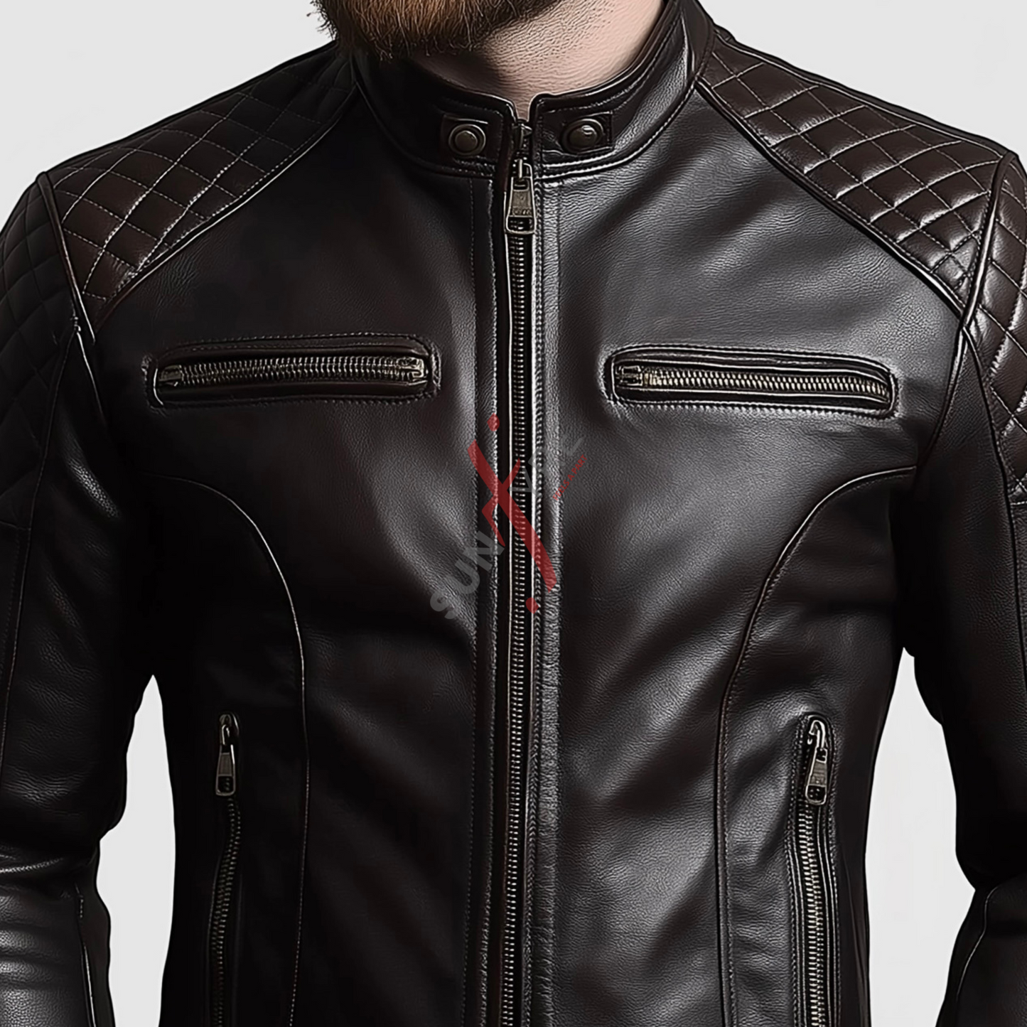 Sheepskin Black Cafe Racer Leather Jacket For Men