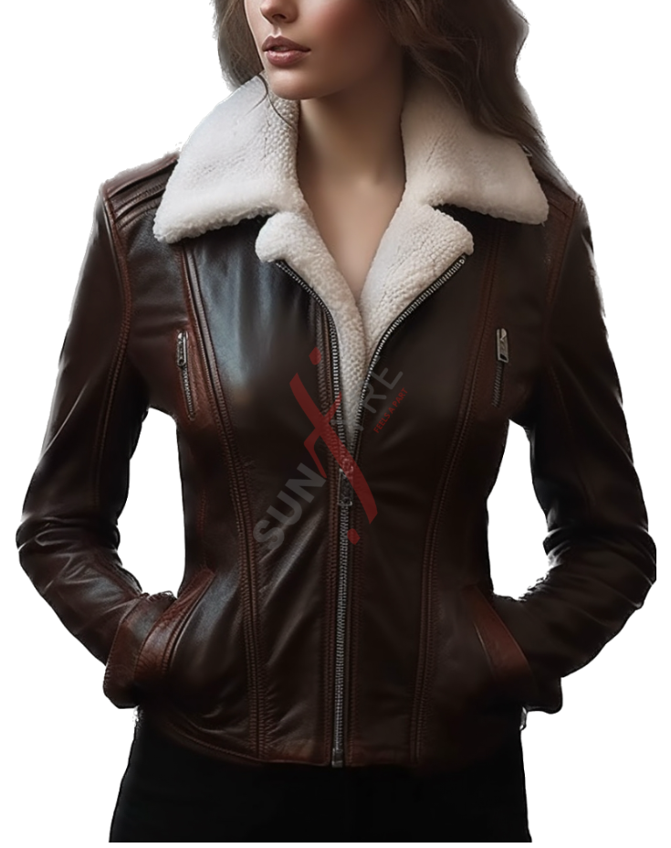 Real Sheepskin Brown Shearling Motorcycle Leather Jacket For Women