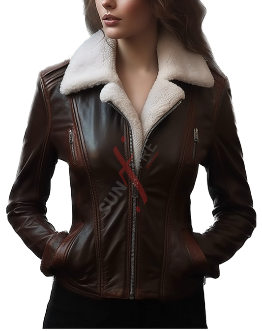 Real Sheepskin Brown Shearling Motorcycle Leather Jacket For Women