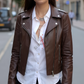 Dark Brown Asymmetrical Biker Leather Jacket For Women (SF388)