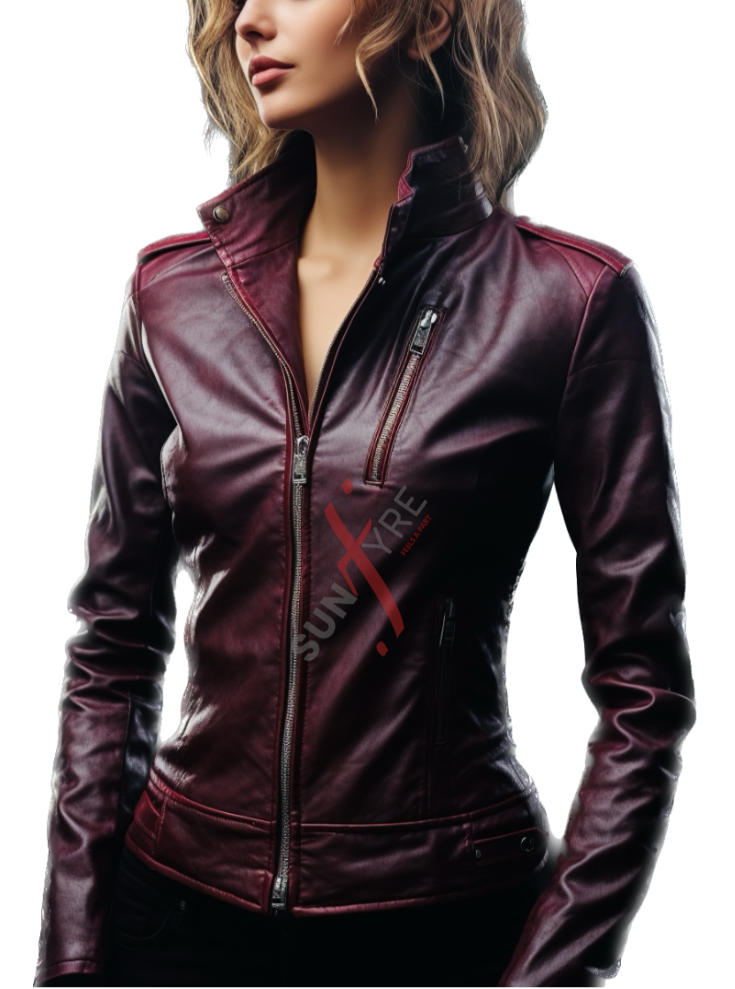 Real Sheepskin Burgundy Distressed Leather Jacket For Women