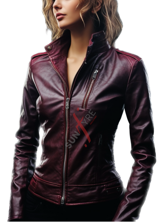 Real Sheepskin Burgundy Distressed Leather Jacket For Women