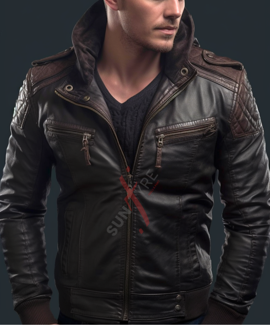 Brown two tone bomber leather jacket 