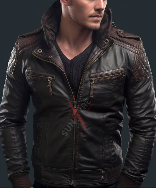 Brown two tone bomber leather jacket 