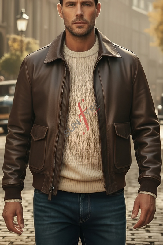Man wearing a brown A2 bomber leather jacket over a beige sweater with a blurred street background