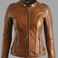 Real Lambskin Tan Cafe Racer Leather Jacket For Women