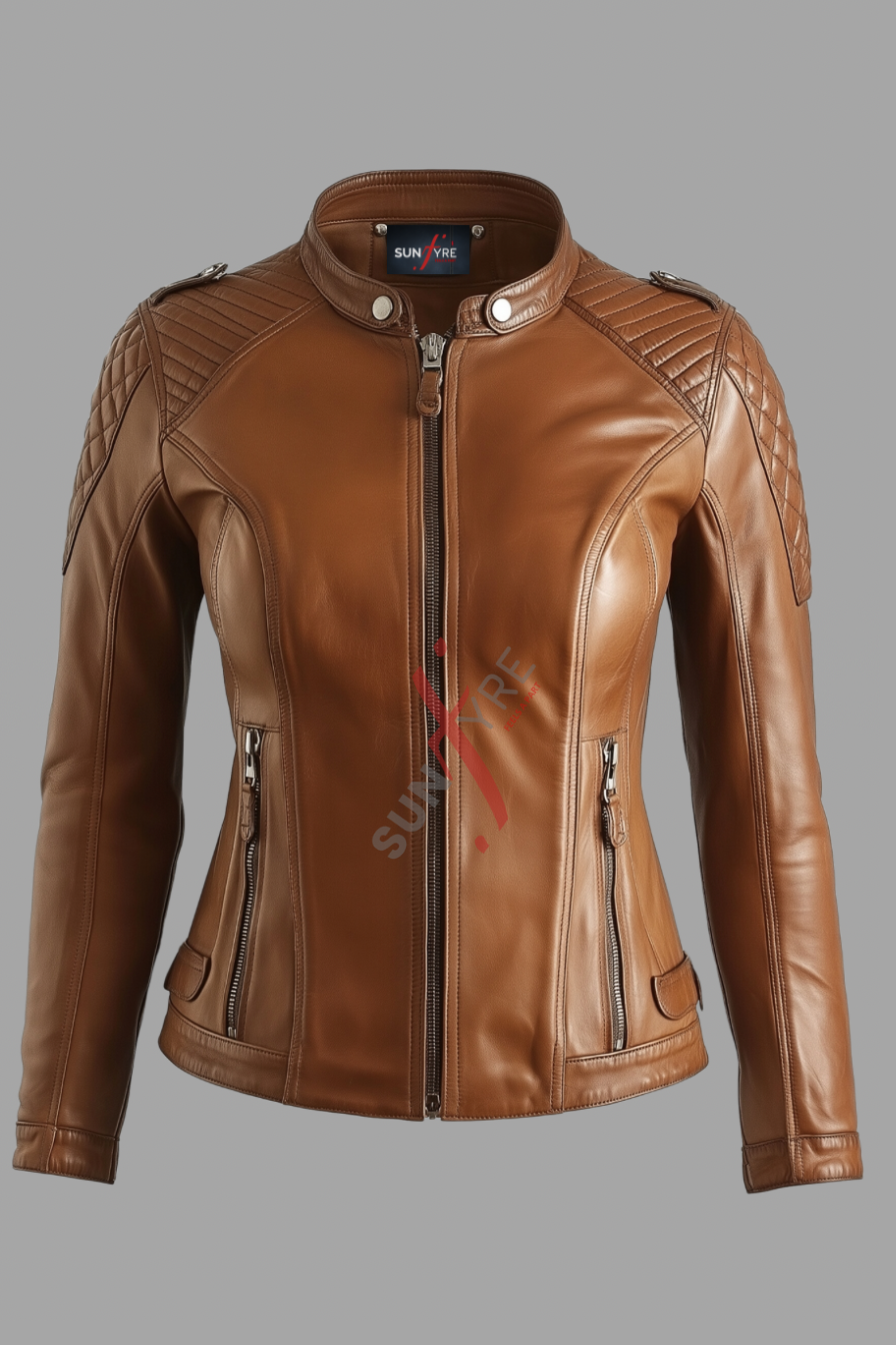 Real Lambskin Tan Cafe Racer Leather Jacket For Women