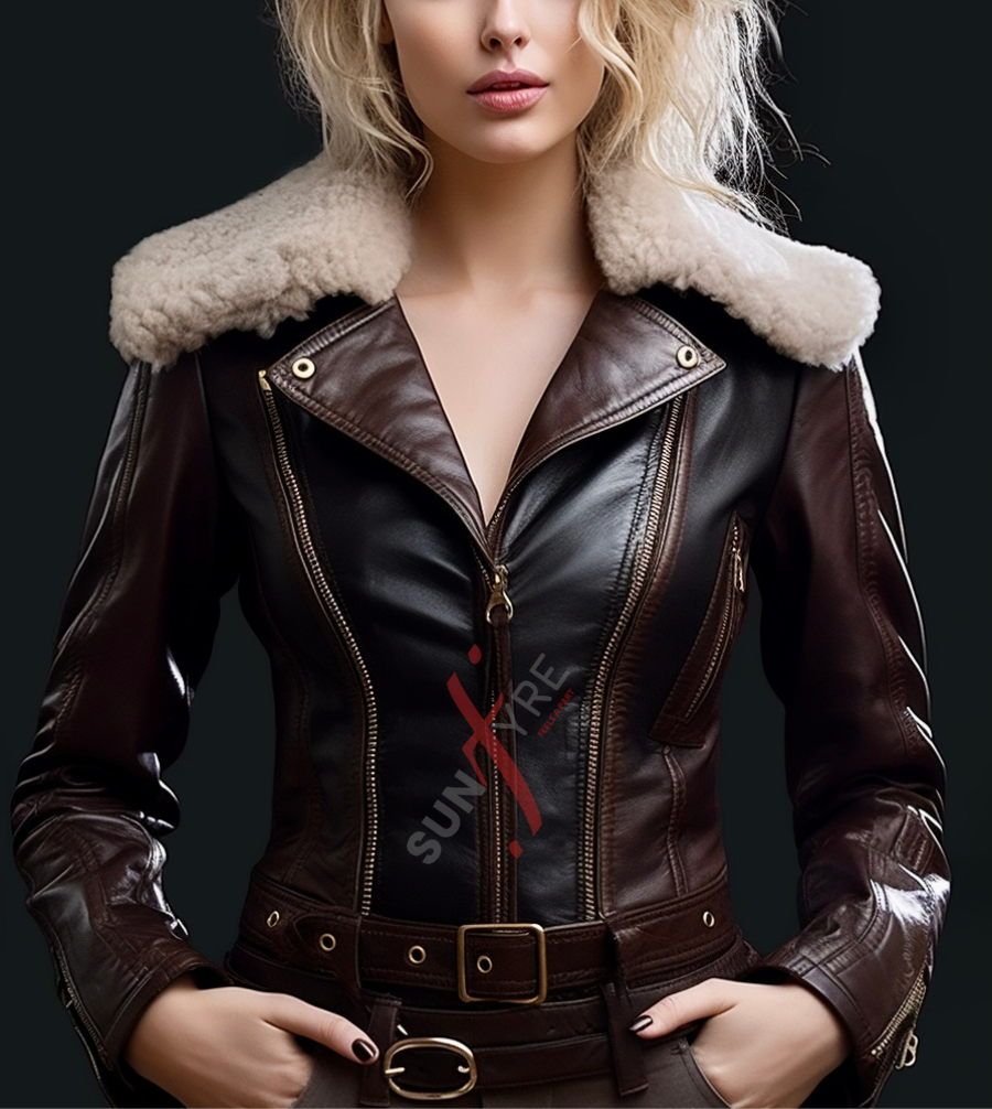 Real Sheepskin Two Tone Belted Shearling Motorcycle Leather Jacket For Women