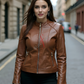 Light Brown Racer Leather Jacket For Women (SF347)