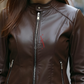 Brown Cafe Racer Leather Jacket For Women 