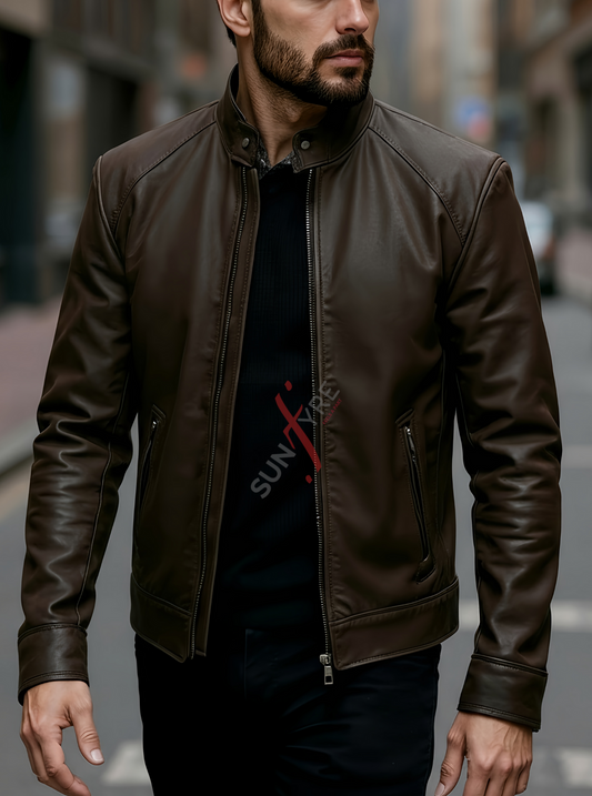 Brock Coffee Brown Racer Leather Jacket For Men (SF558)