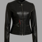 Quilted Shoulder Black Biker Leather Jacket for Women Real Sheepskin