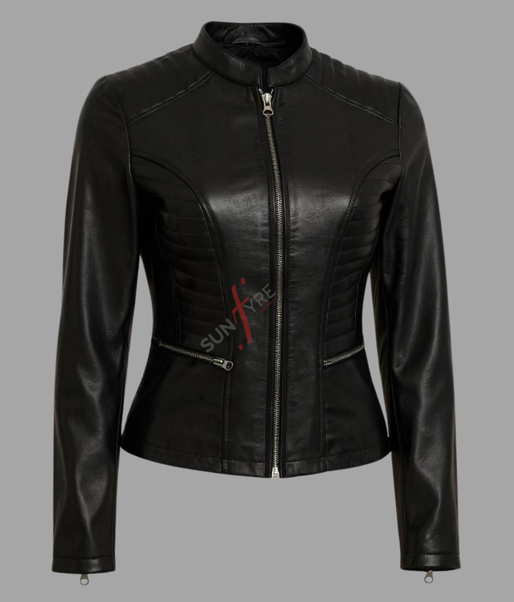 Quilted Shoulder Black Biker Leather Jacket for Women Real Sheepskin