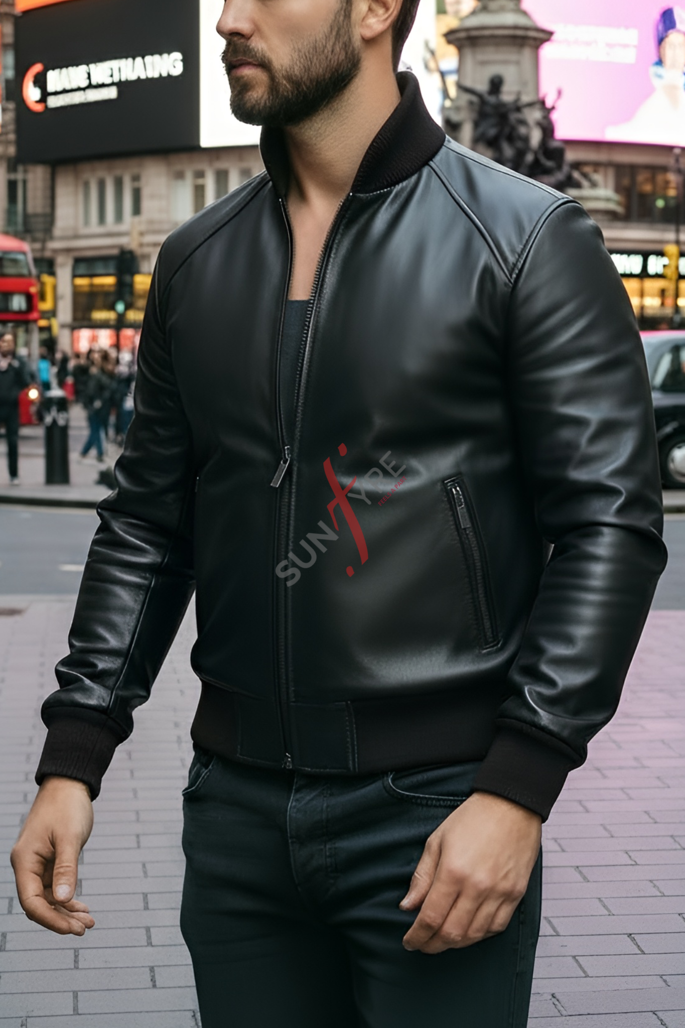 Man wearing a black leather jacket with a red logo on a city street.