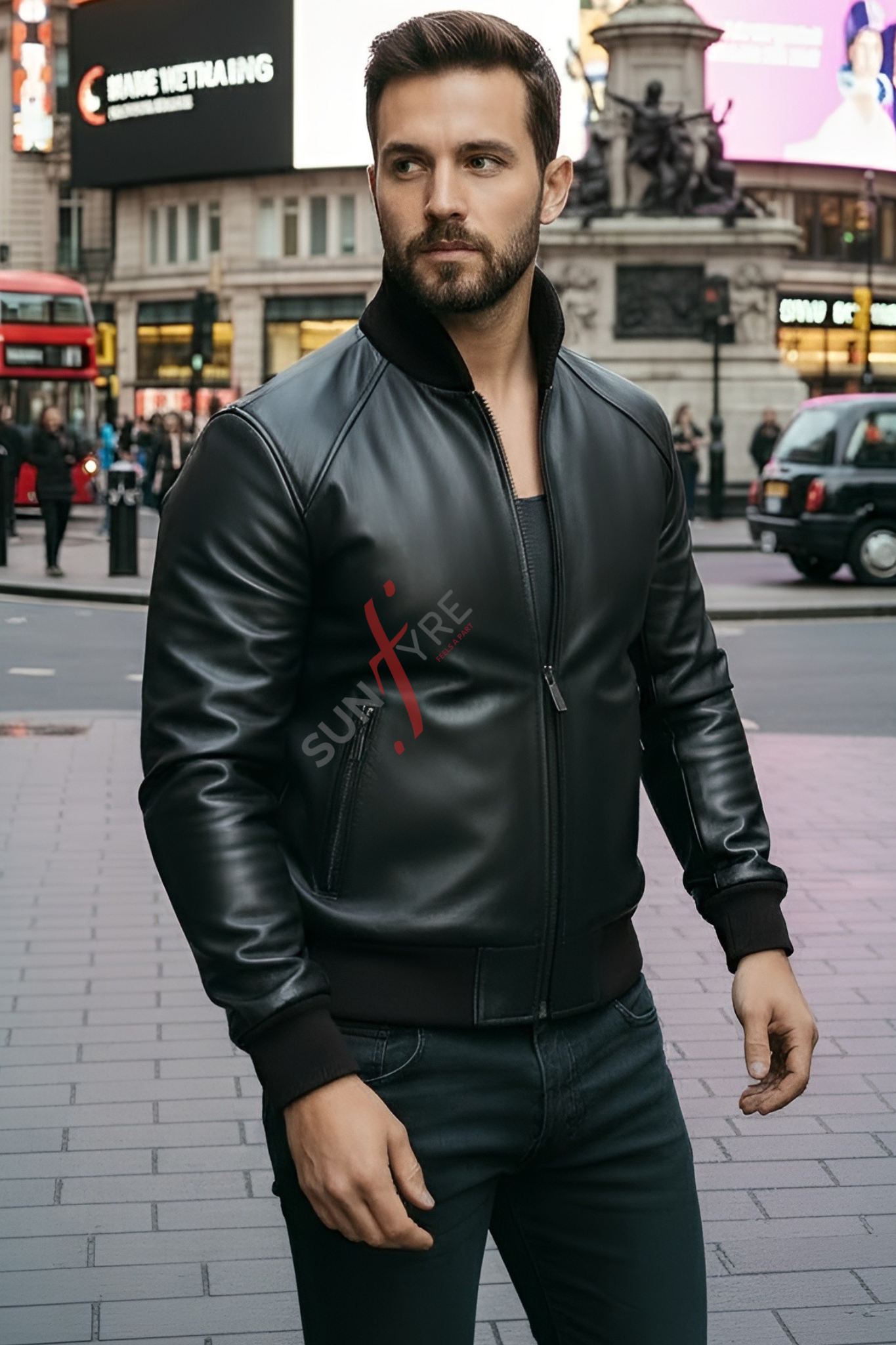 Man wearing a black leather jacket with 'Suntrey' branding on a city street.