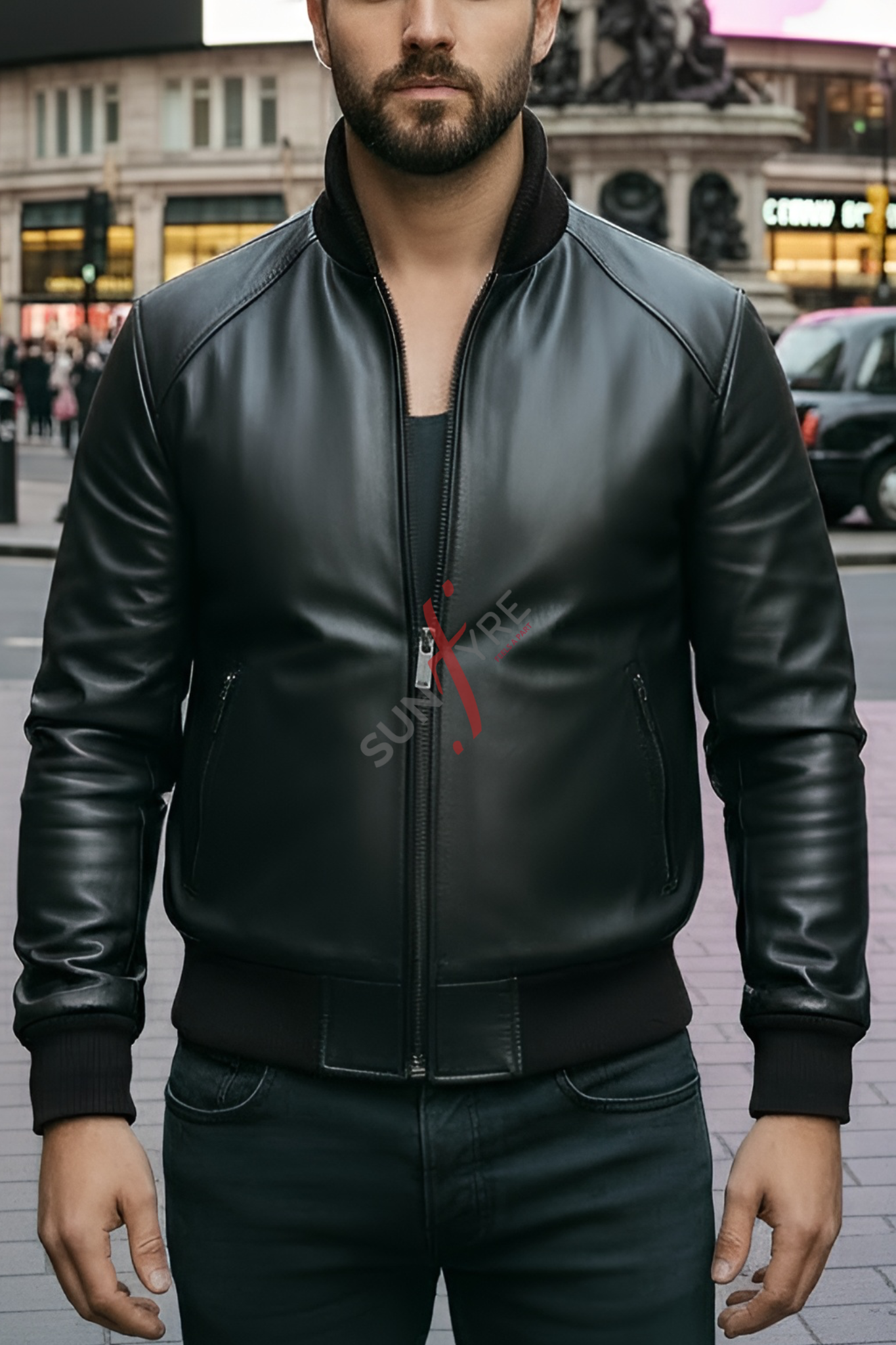 Man wearing a black leather jacket with a red zipper pull on a city street.