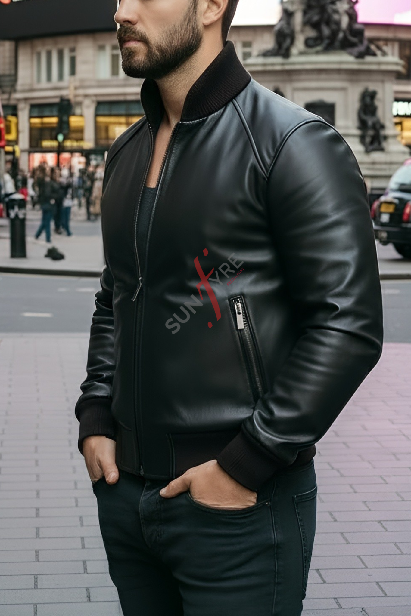 Man wearing a black leather jacket with a brand logo on a city street.