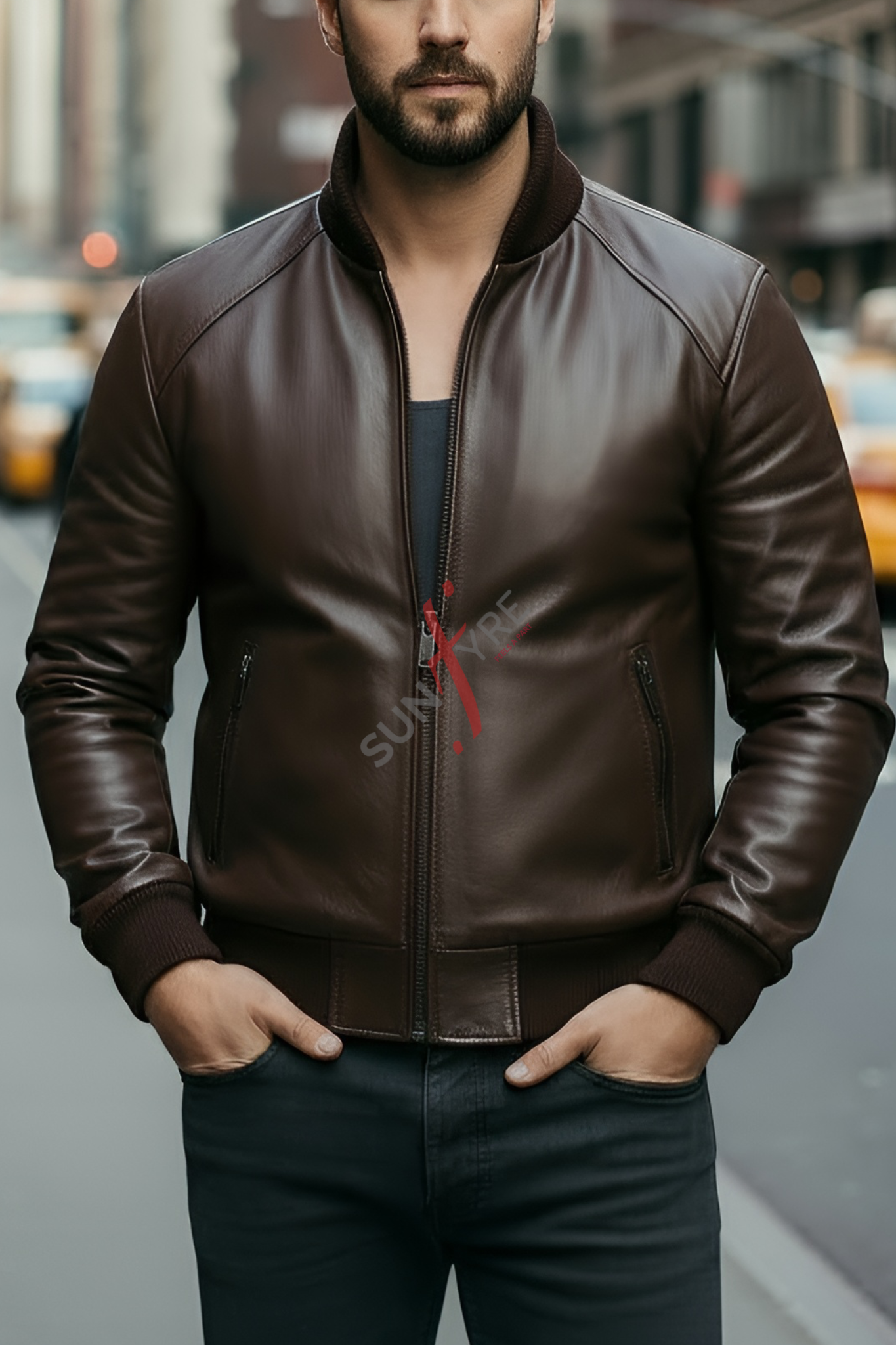 Man wearing a brown leather jacket with a blurred city street background