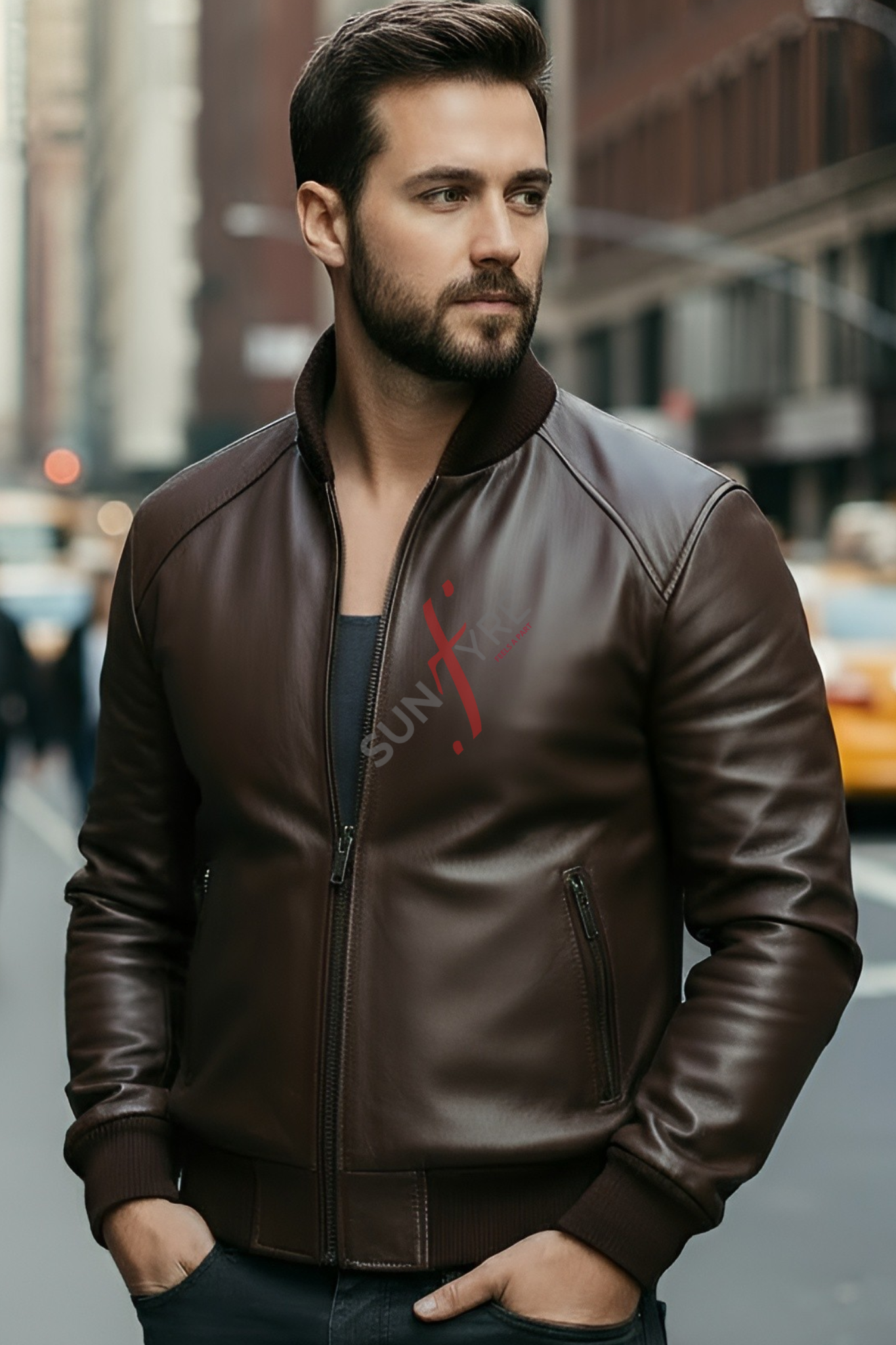 Man wearing a brown leather jacket with a brand logo on a city street.