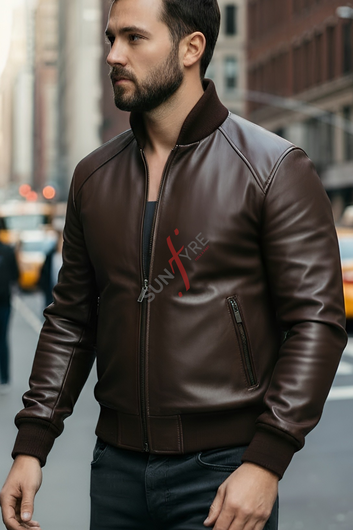 Man wearing a brown leather jacket with 'Sun Yee' branding in an urban setting