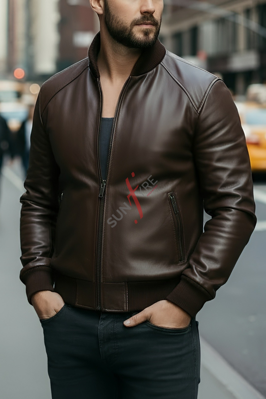 Man wearing a brown leather jacket with a brand logo on a city street.
