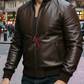 Man wearing a brown leather jacket with a cityscape background