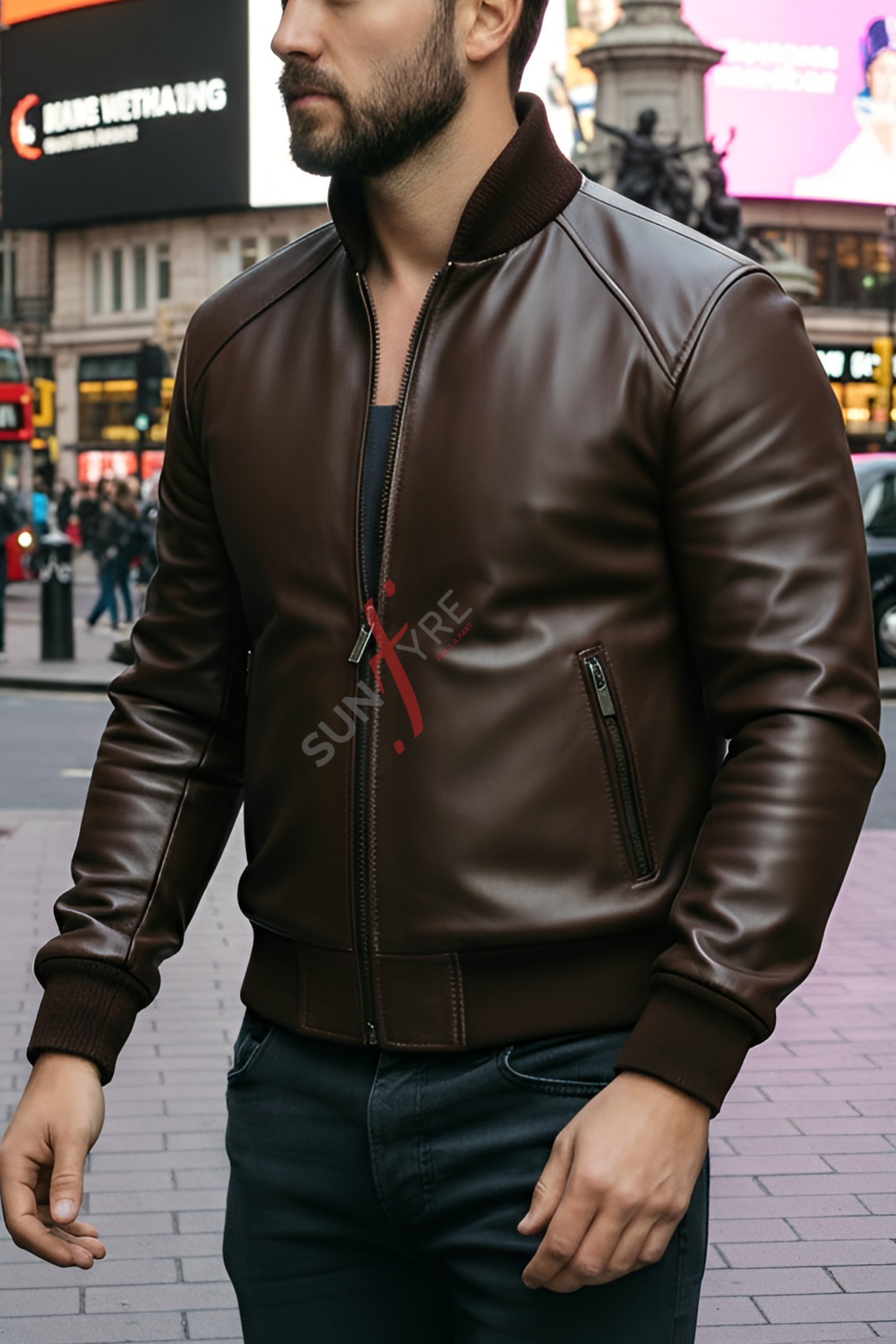 Man wearing a brown leather jacket with a cityscape background