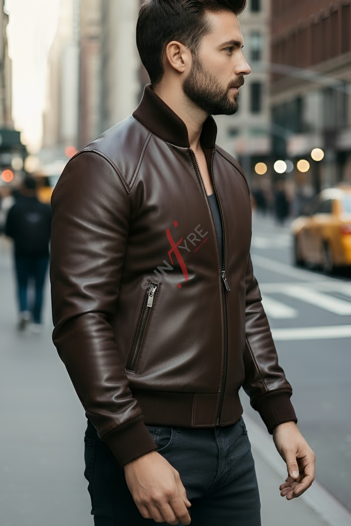 Man wearing a brown leather jacket with a brand logo on a city street