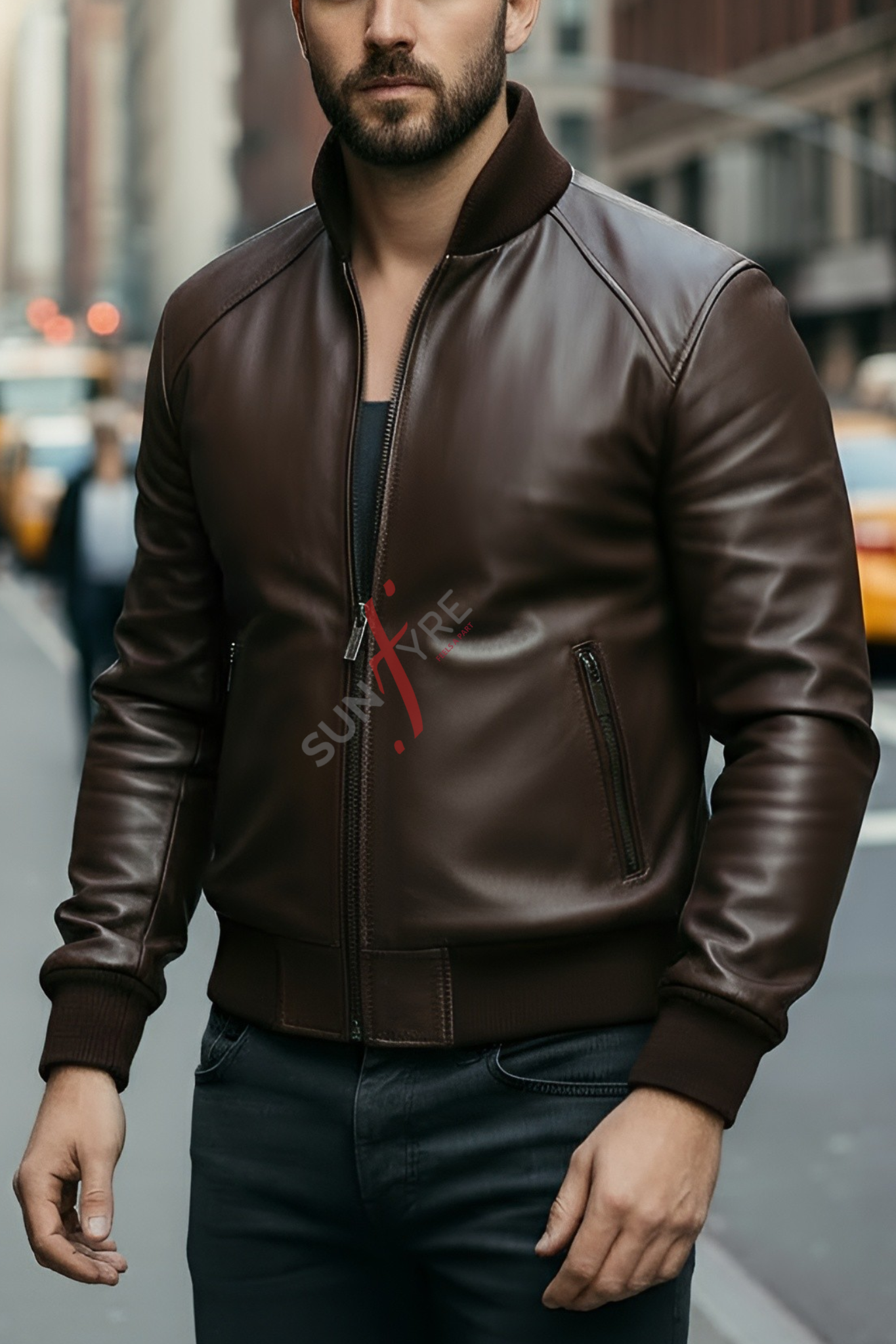 Man wearing a brown leather jacket on a city street