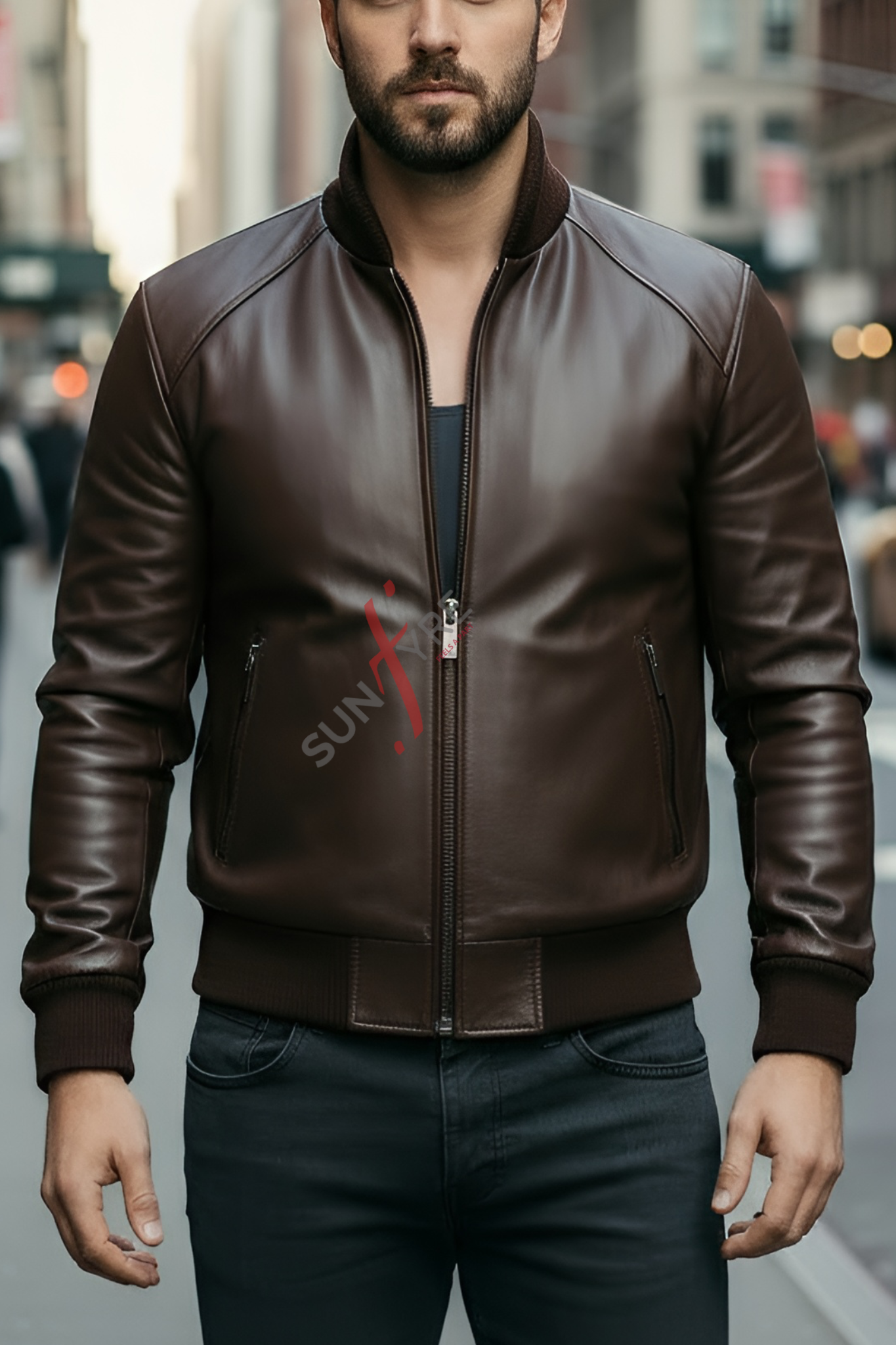 Man wearing a brown leather jacket with a brand logo on a city street.