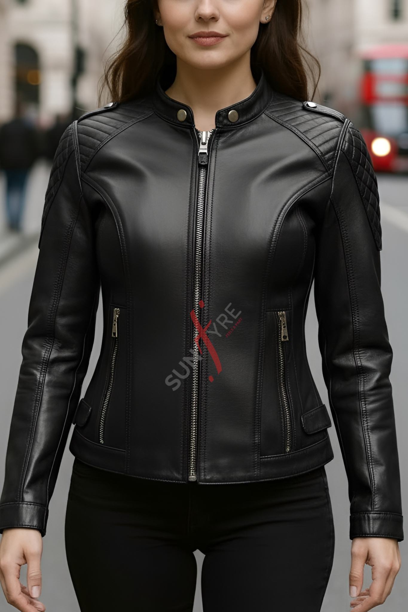 Alina Black Racer Leather Jacket For Women (SF112)