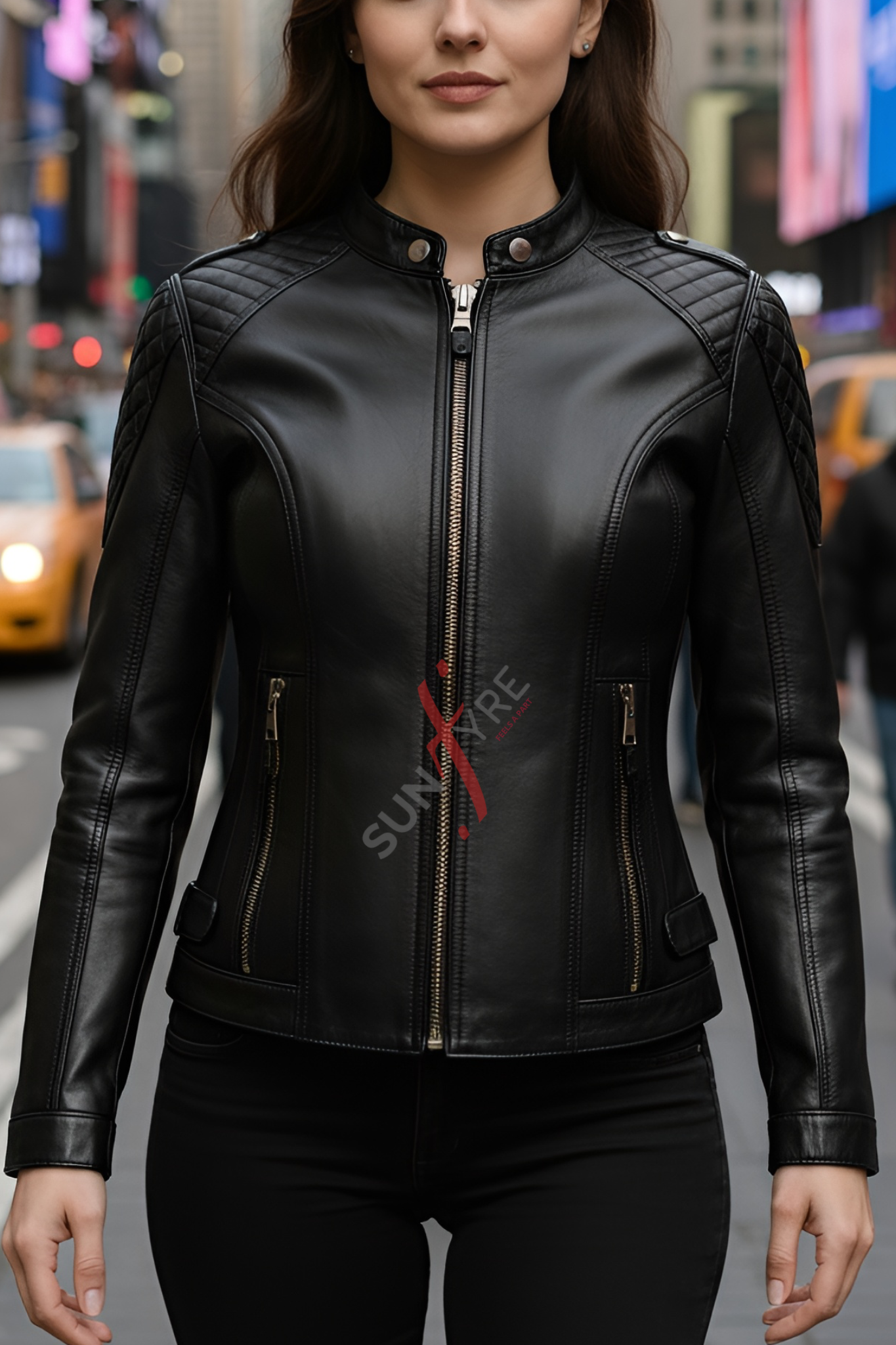 Alina Black Racer Leather Jacket For Women (SF112)
